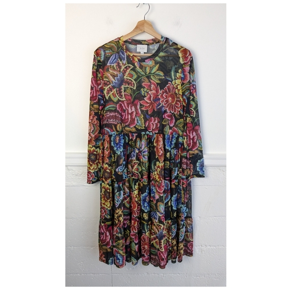 Johnny Was • Jade Long Sleeve Mesh Floral Tiered Dress - Picture 2 of 10